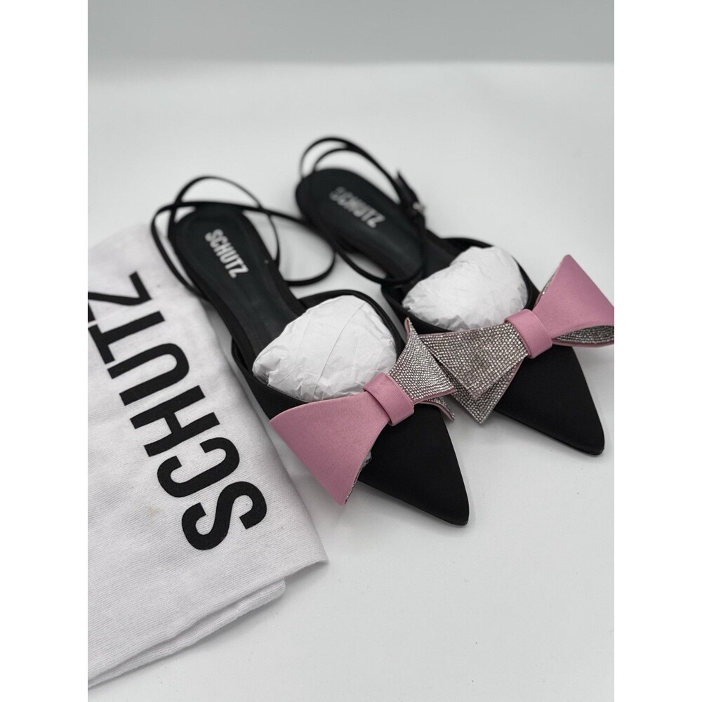 Schutz‎ Kristen pointed-toe flats with black uppers and pink/rhinestone bows 7.5